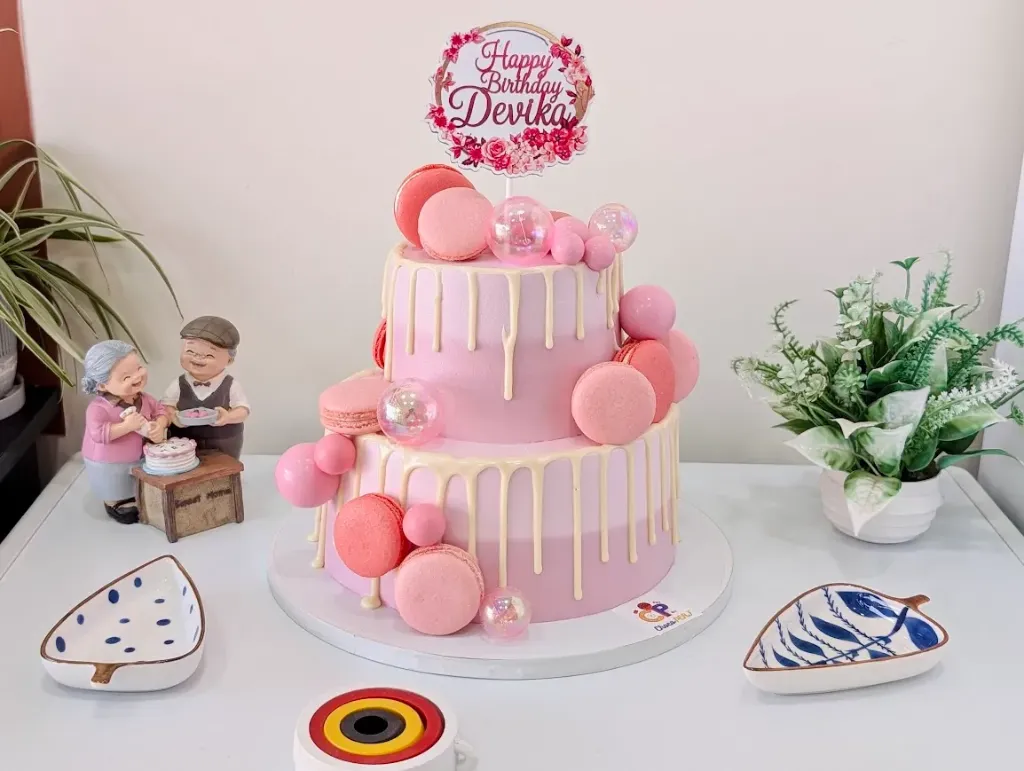 Customized Pink With Macarons Themed Chocolate Mousse 2-Tier Cake [3kg]