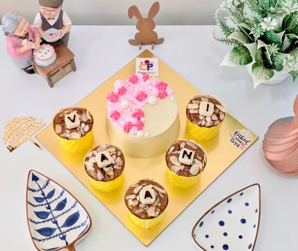 Customized Pink Themed Chocolate Mousse Bento Cake with Healthy Mawa Muffins Combo