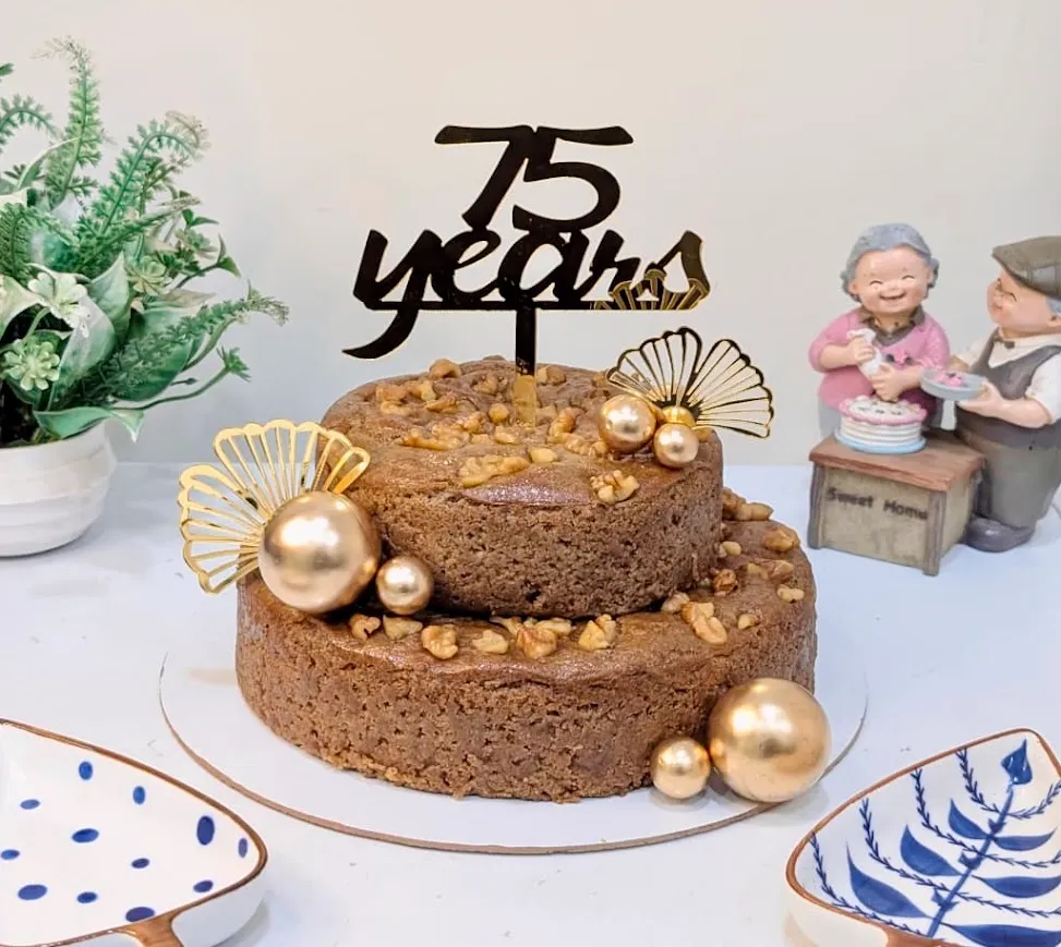 Customized Healthy Dates-Walnuts 2-Tier 75th Birthday Themed Tea Cake [1.5Kg]