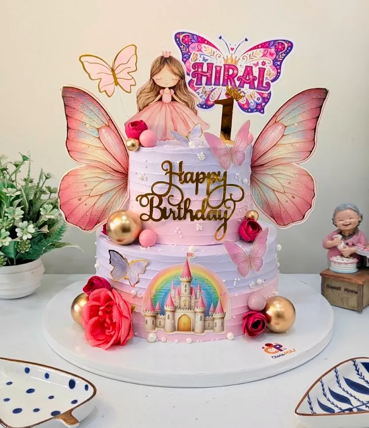 Customized Butterfly & Princess Themed Strawberry 2-Tier Cake [3Kg]