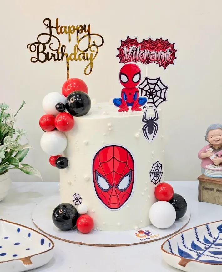 Customized Spiderman Themed Black Forest Tall Cake [1.5Kg]